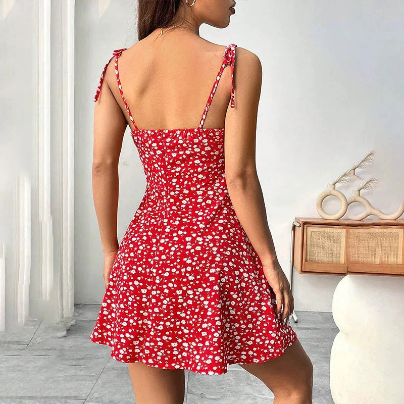 WOMEN'S SUMMER FLORAL SPAGHETTI STRAP BEACH SHORT DRESS